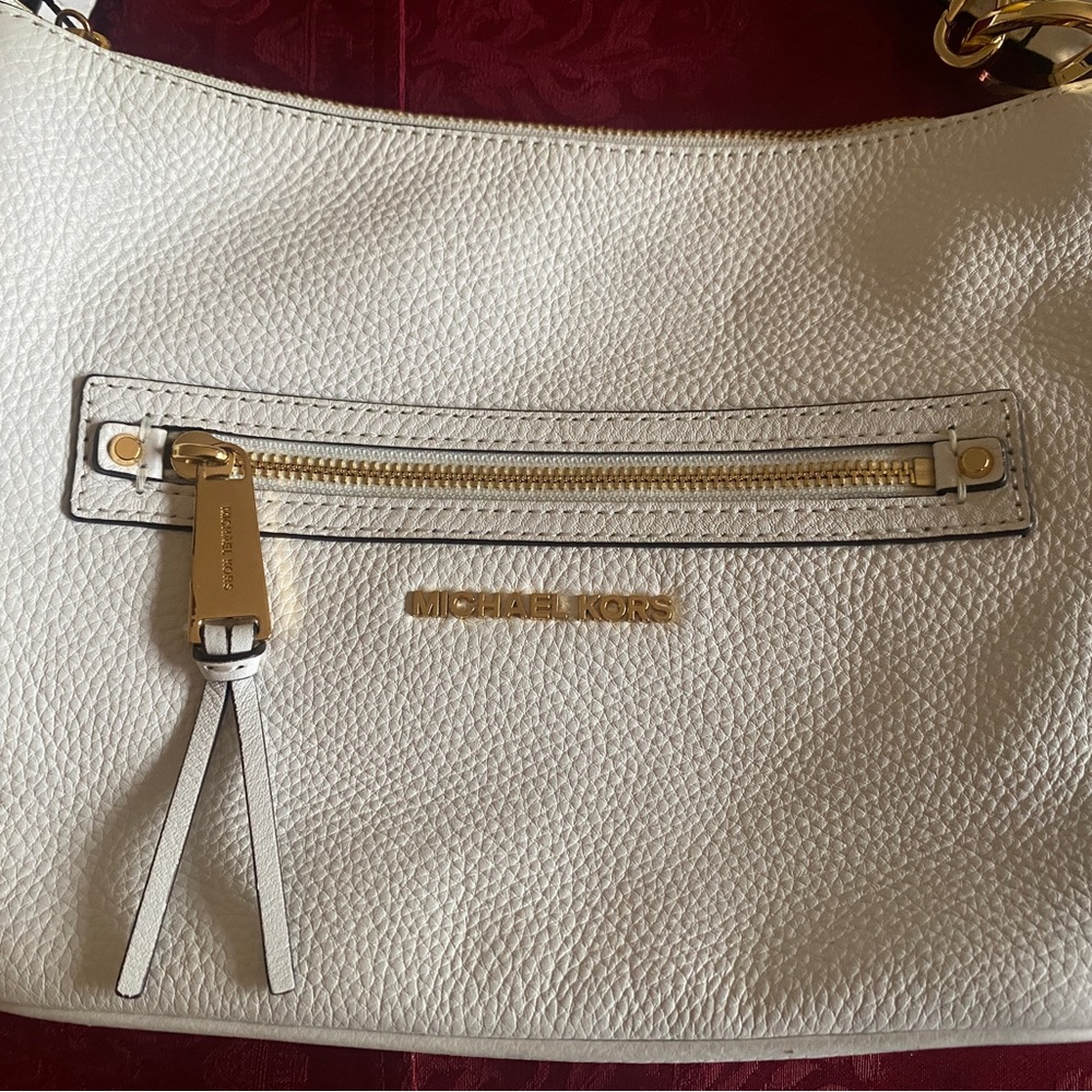 Michael Kors white leather purse with gold trim